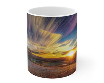 Sunset Landscape Mug | Dramatic Sky, Golden Horizon, Rolling Fields, Mid Winters Dream