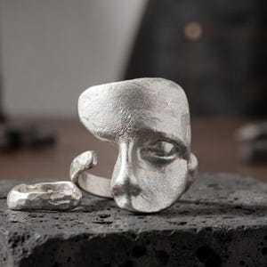 Handcrafted 925 Sterling Silver Abstract Face Ring,  Minimalist Artistic Statement Rings , Adjustable Cocktail Ring,  Art Unique Jewelry