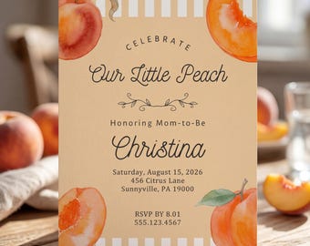 Pfirsich-Babyparty-Einladung: Aquarell-Zitrus-Thema (Canva-Vorlage)