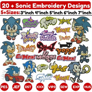 Puede incluir: Colección de 20+ diseños de bordado de Sonic the Hedgehog en varias poses y estilos. Los diseños incluyen texto e imágenes del personaje, con tamaños de 7.6 cm a 17.8 cm. La imagen también incluye abreviaturas de tipos de archivo.
