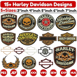 May include: A collection of 15+ Harley Davidson designs in various sizes, including 3, 4, 5, 6, and 7-inch options. The designs feature logos with skulls, wings, and the Harley Davidson name. The image includes text that reads "15+ Harley Davidson Designs".