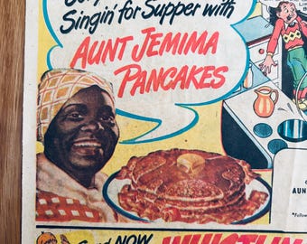 Anuncio de periódico antiguo de la década de 1940 de Aunt Jemima Pancake. Estilo afroamericano. Media página grande.