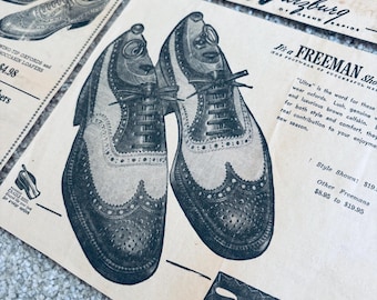 Anúncios de jornal vintage dos anos 1940: Roupas e calçados Art Déco, meados do século XX, masculino e feminino (25 peças)