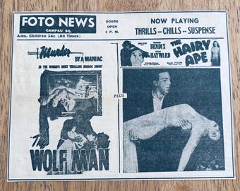 Anuncio original de periódico de la película de terror de los años 40, "El hombre lobo y el mono peludo", recorte grande de 6 x 8 pulgadas.