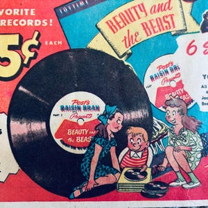 May include: Vintage advertisement featuring a vinyl record with the text "Beauty and the Beast." The ad includes cartoon illustrations of children and text promoting "6 Story in the" series. The price is listed as 25 cents.