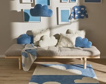Hand Tufted Blue Sky with Fluffy Cloud Rug 5x8 7x10 Custom Playful Kids Plush Wool rug for Nursery Room Living Space Bedroom Aesthetic Decor