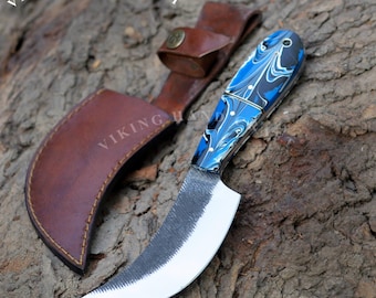 Handmade High Carbon Steel Knife with Blue Black Swirl Handle & Leather Sheath – Perfect for Camping, Hunting Gift