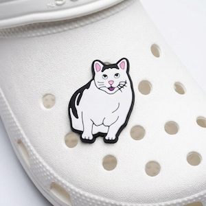 Op de afbeelding: Een wit en zwart kattenbedel op een witte schoen. De kattenbedel heeft roze accenten op de oren en mond. De schoen heeft meerdere ronde gaten.