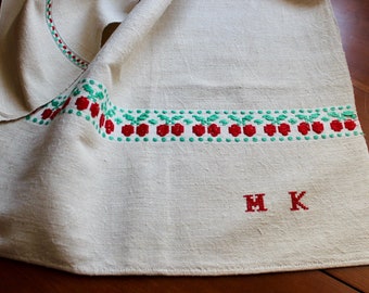 Vintage Linen Dish Towel Dishtowel Kitchen Unused Unbleached Homespun Red Cherry Green Monogram Huge Ethnic Eastern Europe Rustic Primitive