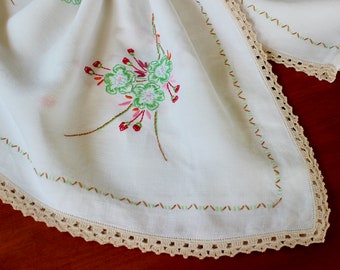 Vintage Linen Tablecloth Hand Embroidered Flowers Floral Red Green Pink Brown White Bright Hand Crochet Trim Country Kitchen Cottage