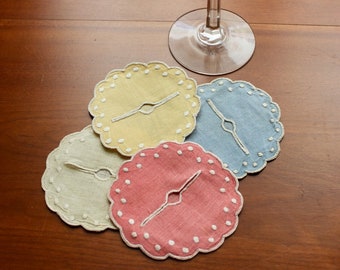 Vintage Linen Coasters Wine Slippers 4 Round Cocktail Napkins Pink Blue Yellow Beige Polka Dots Embroidery