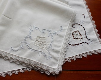 Vintage Linen Napkins Cutwork Embroidery 12 Filet Lace Point de Venise Luncheon Dinner White Pale Blue Hand