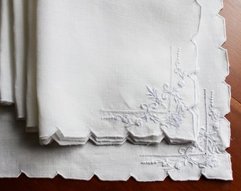 Vintage Linen Napkins 8 White Luncheon Dinner Madeira Hand Embroidery Flowers Floral Notched Stepped Border