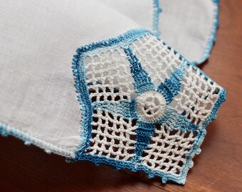 Vintage Handkerchief Star Blue White Variegated Hankie Hand Crochet Wedding Cotton