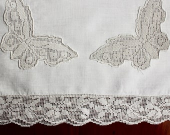 Vintage Pillow Sham Pillowcase White Boudoir Linen Lace Small Embroidery Chinese Characters Butterfly Needle Lace