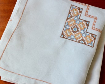 Vintage Linen Tablecloth Embroidered Cross Stitch Peach Blue Brown Salmon Hand Embroidery Tile Mosaic AS IS