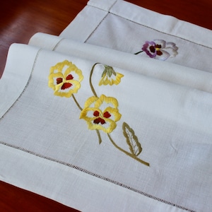 Society Silk Vintage Linen Table Topper Embroidery Pansies Stunning Tablecloth Antique 1920s Yellow Purple