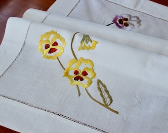 Society Silk Vintage Linen Table Topper Embroidery Pansies Stunning Tablecloth Antique 1920s Yellow Purple