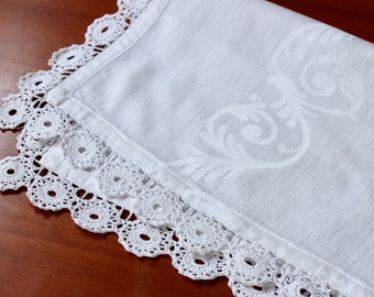 Vintage Linen Doily Damask Runner Tray Cloth Hand Crochet Swirls White Fancy Cottage