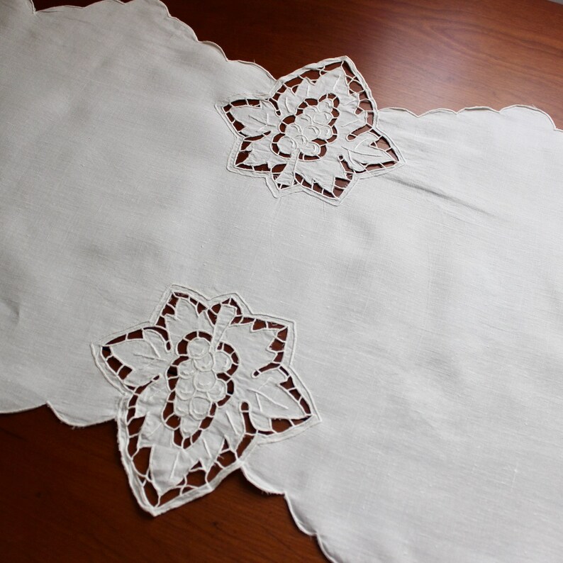 Vintage Linen Runner Cotton Dresser Scarf White Grape Leaf Cutwork Embroidery 61 Very Long image 6
