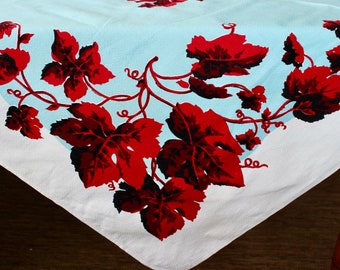 Vintage Linen Tablecloth Printed Red Leaves Turquoise White Bright Sturdy 50 48 Mid Century Splashy