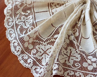 Nappe en lin vintage, dentelle, écru, 30 pouces, filet floral carré, fantaisie mariage romantique