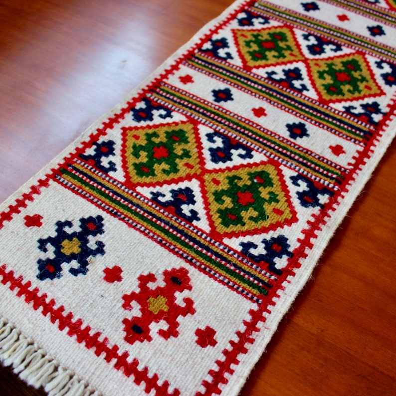 Vintage Handwoven Table Runner Ethnic Bold Wool Bright Red Black Beige Green Brown Fringe Rug 40 Inch image 2