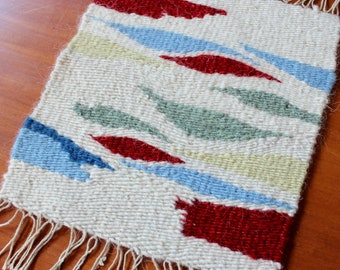 Vintage Handwoven Tapestry Wool Cotton Bright Abstract Red Green Blue Off White Folk Art Rug