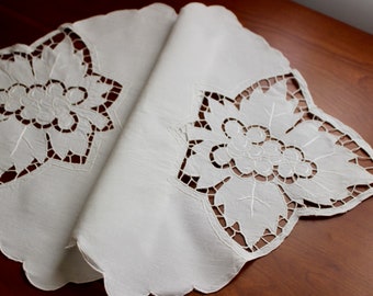 Vintage Linen Runner Cotton Dresser Scarf White Grape Leaf Cutwork Embroidery 30 Inch