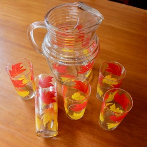 Vintage Pitcher 6 Glasses Tumblers Maple Leaf Autumn Fall Mid Century MCM Red Orange Yellow Glass Libbey image 8
