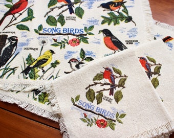 Vintage Linens Placemats Napkins 2 Songbirds Printed Off White Red Green Blue Fringe Cotton