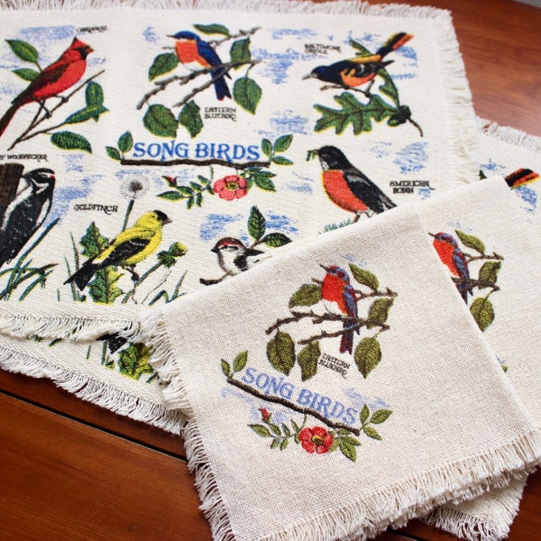 Vintage Linens Placemats Napkins 2 Songbirds Printed Off White Red Green Blue Fringe Cotton