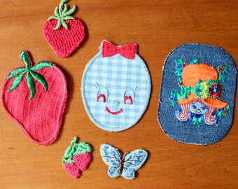 Vintage Iron On Patches Lot of 6 Strawberry Butterfly Gingham Happy Face Big Hat Girl 1970s