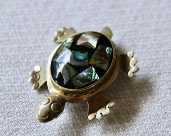Vintage Ormeau Pin Turtle 925 Argent Sterling Alpaga Mexique Mosaïque Incrustée Tiny Petite