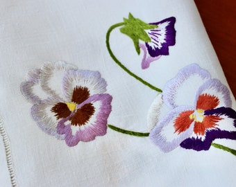 Vintage Linen Table Topper Society Silk Hand Embroidery Pansies Tablecloth Antique 1920s Yellow Purple