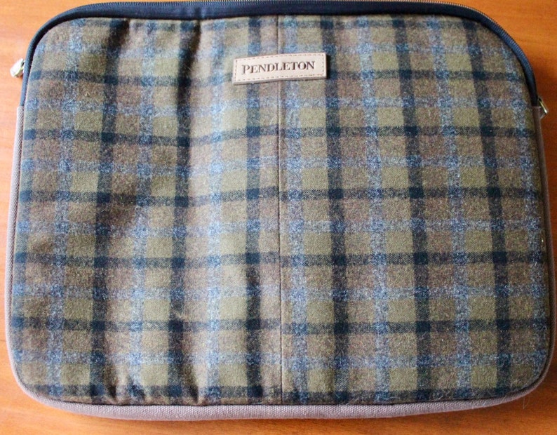 Vintage Pendleton Laptop Folio Case Folder Notebook Briefcase Wool Plaid Brown Gray Zipper image 3