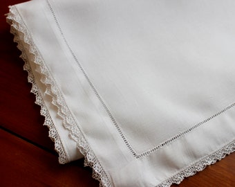 Vintage Linen Runner Linen White Dresser Scarf Filet Lace Hemstitch Simple Elegant 34 Inch Plain AS IS