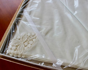 Vintage Linen Tablecloth Napkin Table Set New In Box Unused Off White Cotton Lawn