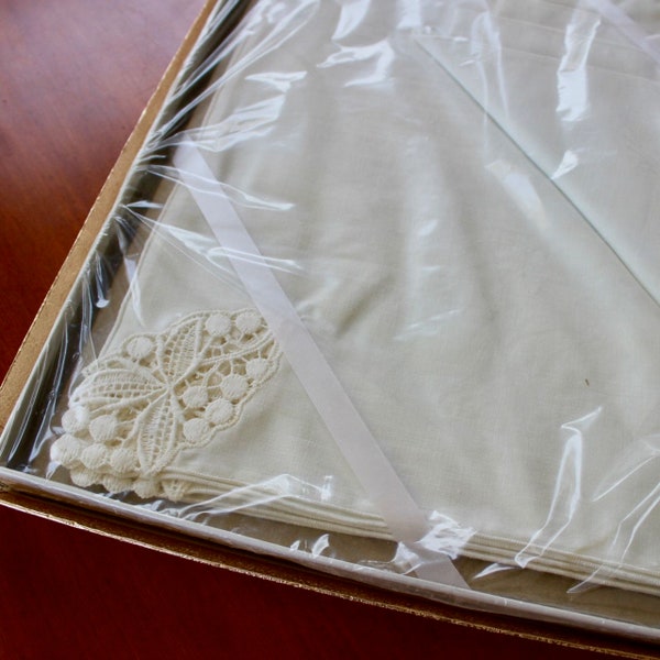 Vintage Linen Tablecloth Napkin Table Set New In Box Unused Off White Cotton Lawn