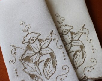 Vintage Linen Towels Two Fingertip Guest Daffodil Off White Cutwork Pair 2 Ecru Taupe