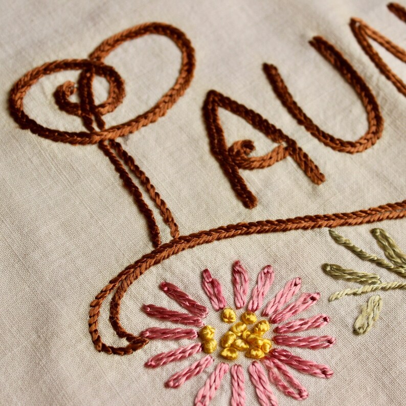 Vintage Linen Laundry Bag Embroidered Brown Pink Green Muslin Drawstring AS IS image 5