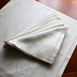 Vintage Linen Napkins Damask Unused White Cloth 8 Dinner Lunch Size Roses Large Off White Ivory image 6