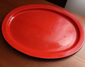 Vintage Enamel Tray Platter Bright Red Black Rim Enamelware Large Orange 16 x 12