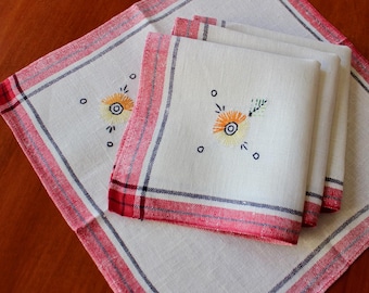Vintage Linen Napkins 4 Red Black White Natural Hand Embroidery Lunch Picnic Plaid Striped