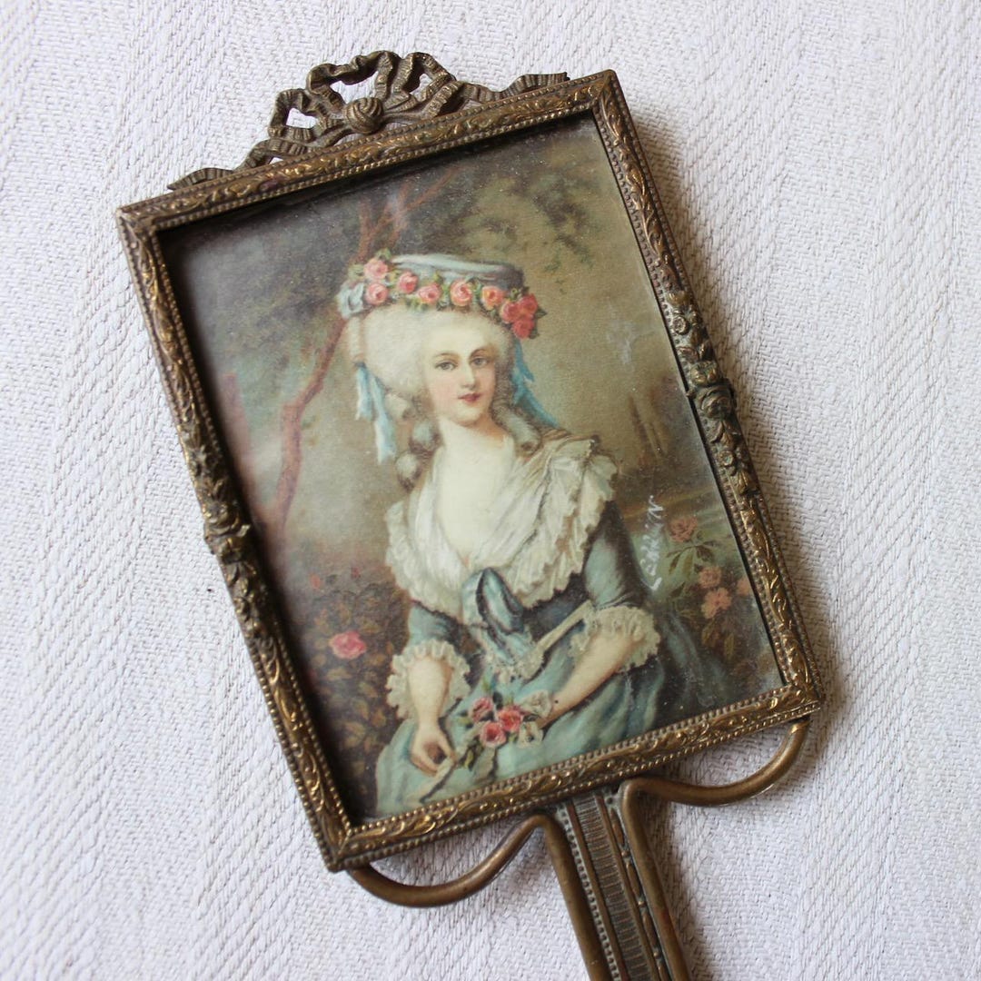 Vintage Hand Mirror Goldtone Brass Metal Lebrun Marie Fancy