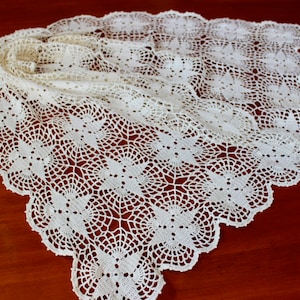 Vintage Lace Runner Crochet Hand Linen Cotton Off White Dresser Scarf Star Pattern 50 inches image 1