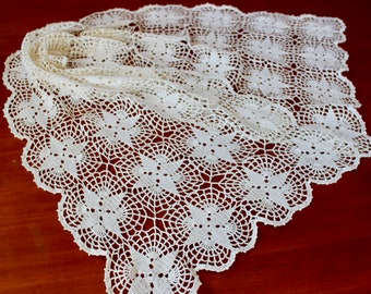 Vintage Lace Runner Crochet Hand Linen Cotton Off White Dresser Scarf Star Pattern 50 inches