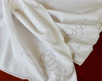 Vintage Linen Tablecloth Topper Italian Mosaic Lace Roses Art Deco Mackintosh Drawnwork Table Cloth White Square