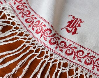 Vintage Runner Linen Hand Embroidery Red Natural Cross Stitch Monogram K Towel Fancy