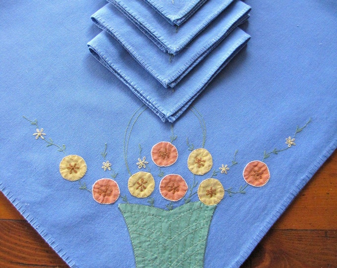 Vintage Linen Tablecloth Napkins Embroidery Applique Blue Penny Flowers